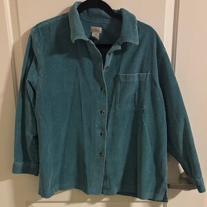 L.L. Bean Vintage Corduroy Teal Blue Button-Up Shirt, Shacket, 100% Cotton, LP